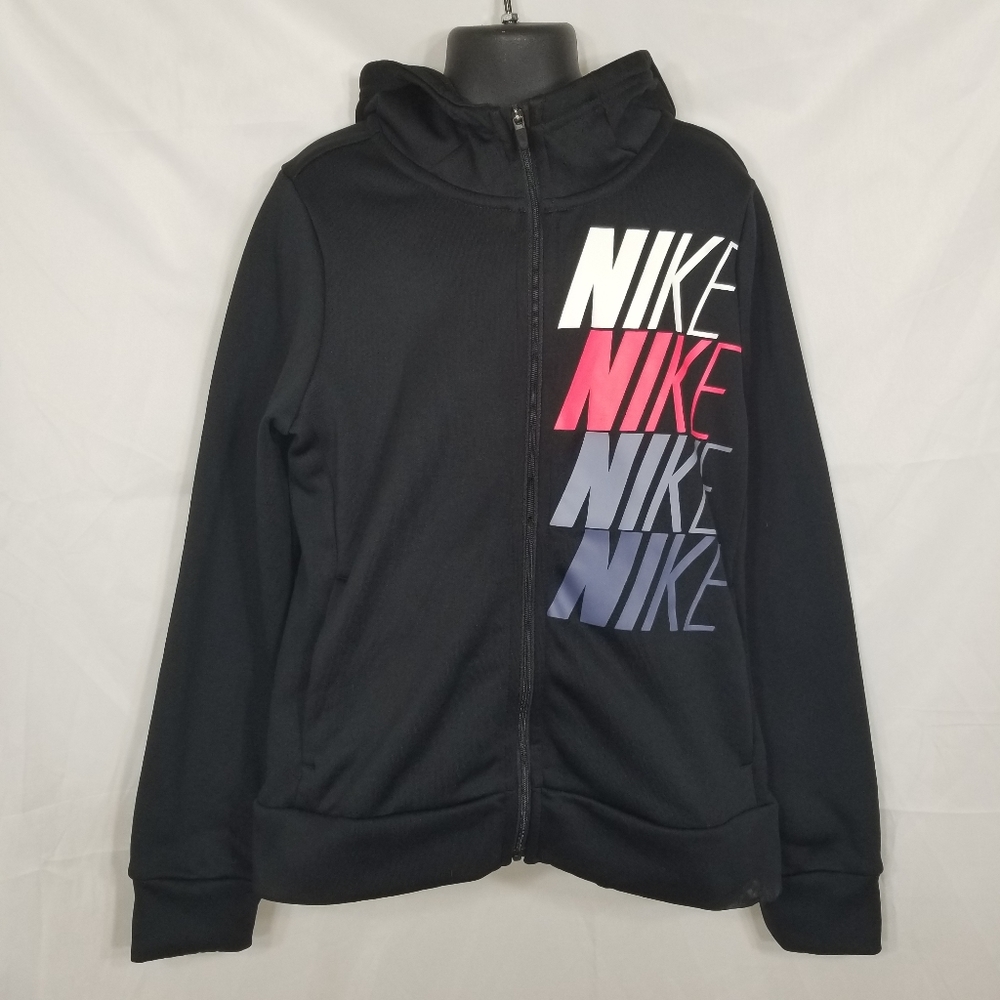 Girls Nike Therma Dri Fit Black Multi Spellout Graphic Full Zip Hoodie Pockets S